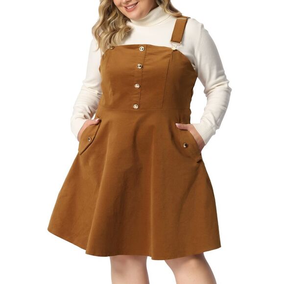 Agnes Orinda Pants - Corduroy Pinafore Plus Size Adjustable Strap Overall Dress Suspender Skirt Brown